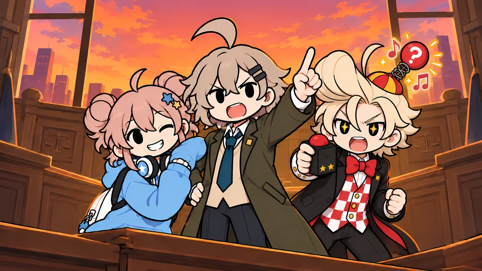 キービジュアル(横)。夕焼けの法廷に3人