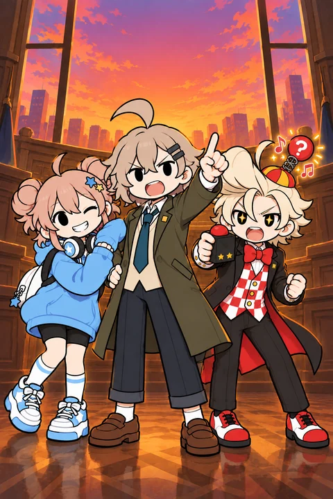 キービジュアル（縦）。3人が全身で並ぶ